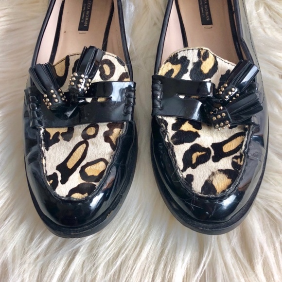ZARA Black Patent Leather Leopard Print  Loafers - Picture 2 of 6